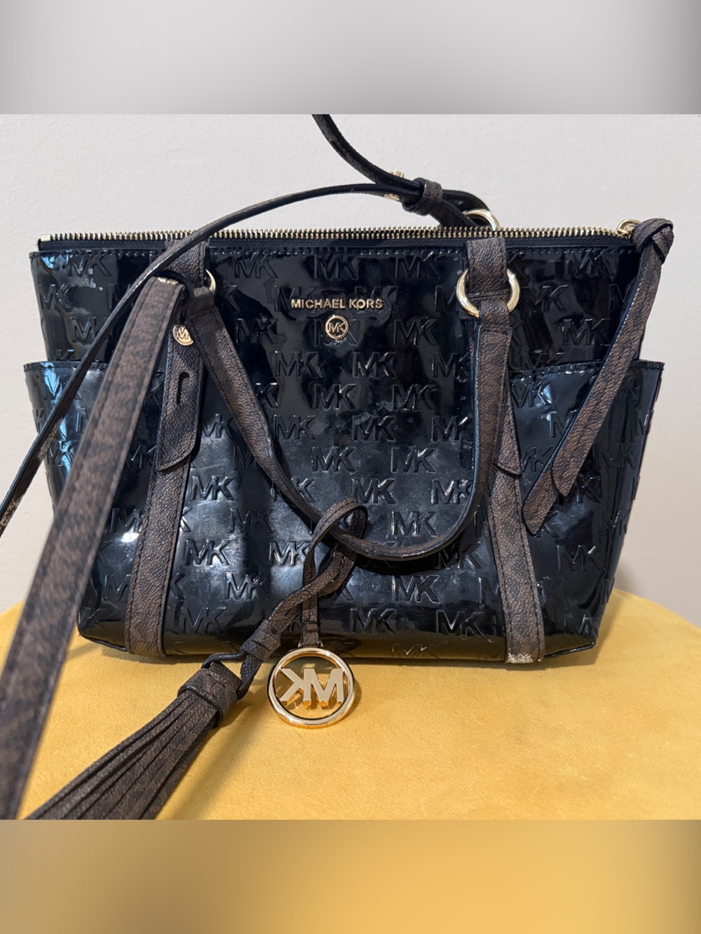 Michael Kors Black Patent MK Embossed Shoulder Bag with Gold Accent